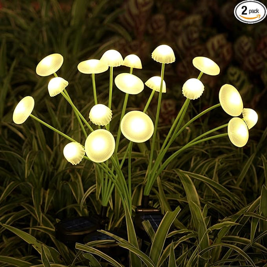Solar Garden Lights, 2-Pack Dual Mode LED Solar Mushroom Lights, Waterproof Firefly Outdoor Decor for Yard, Patio, and Pathway – Warm White Jellyfish Ambiance RIEYUE