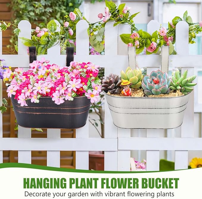 OBTANIM 4 Pack Metal Hanging Flower Pots Iron Railing Planter Outdoor Fence Hanging Pots Bucket Plant Holder with Detachable Hooks Drain Holes for Home Garden Yard Decor (Mixed Color) OBTANIM
