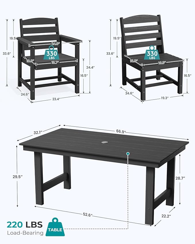 SERWALL Patio Dining Sets for 6 Person, HDPE Dining Set with 6 Armless Chairs, Black SERWALL