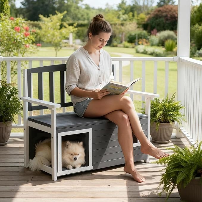 VINGLI Outdoor Storage Bench with Built-in Dog House, 2-in-1 Outdoor Waterproof Patio Bench with Pet Kennel for Patio Backyard Porch (Gray) VINGLI