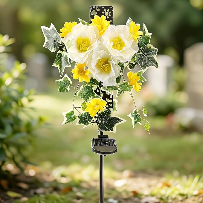 Starryfill Solar Memorial Cross Lights with 3 Flowers, LED Grave Maker, Waterproof Cemetery, 40.5 Inch High Remembrance Sympathy Gifts for Loved Ones Starryfill