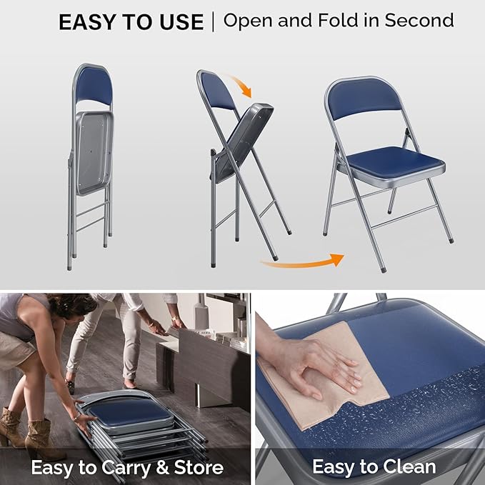 VINGLI 10 Pack Folding Chairs with Padded Seats, Metal Frame with Pu Leather Seat & Back, Capacity 350 lbs, Blue VINGLI