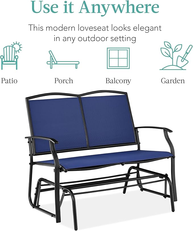 Best Choice Products 2-Person Outdoor Patio Swing Glider Steel Bench Loveseat Rocker for Deck, Porch w/Textilene Fabric, Steel Frame - Navy/Black BestChoiceProducts