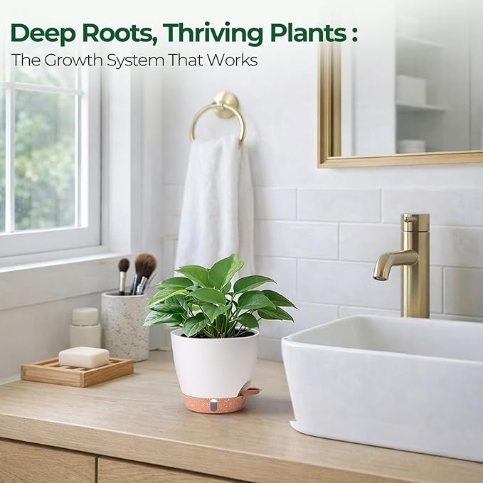 T4U 4 Pack 6 Inch Self Watering Pots - Water Level Indicator & Deep Reservoir, Mess-Free Planter for Busy People, Beginners & Gardeners, Fit Herbs/Pothos/Succulents Plants, Indoor Outdoor Use (White) T4U