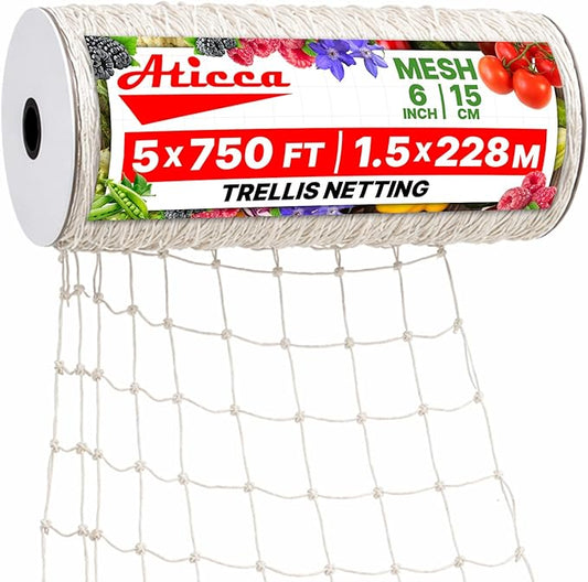 Trellis Netting 5 x 750 ft Heavy Duty Polyester Plant Support Netting White - 6 Inch Garden Rope Trellis on Roll - Mesh Twine for Growing Vine Climbing Plants, Flowers, Peas, and Tomatoes. Aticca