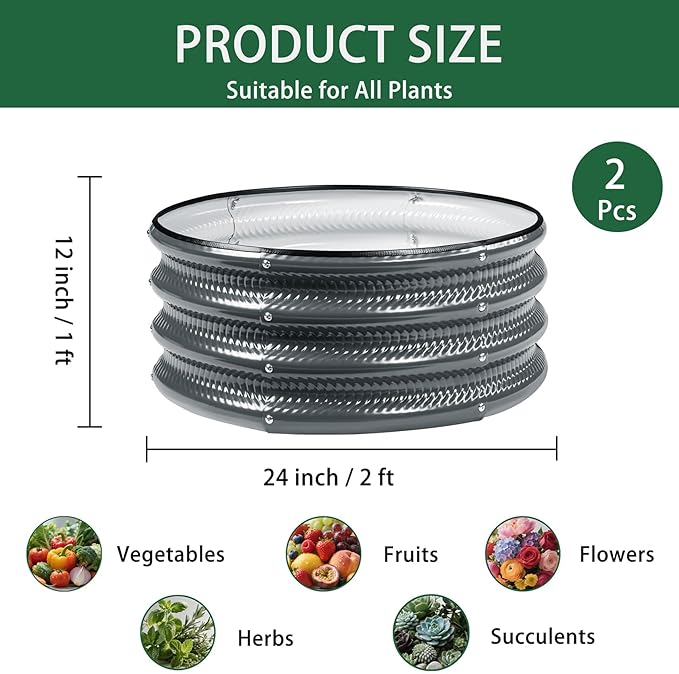 2 Pcs 2x2X1 ft Metal Galvanized Round Raised Garden Bed Kit Outdoor, Cream White Planter Garden Bed, Raised Box for Vegetables, Fruits, Flowers & Herbs Gartist