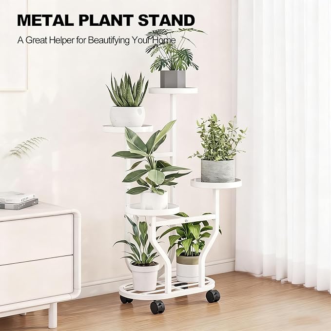 Plant Stand Indoor Outdoor 4 Tier Flower Holder with Wheels Metal Plant Shelf Corner Display Rack Multi Plants Sheleves for Living Room Garden Patio White YIZAIJIA