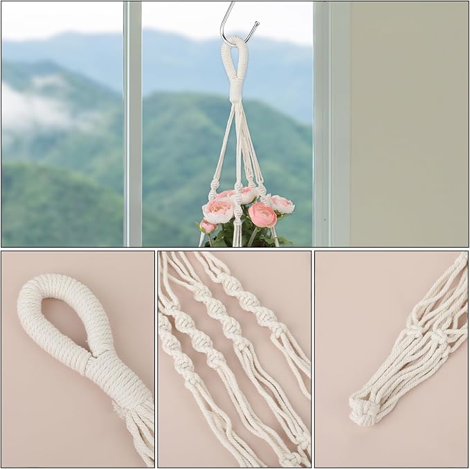 2 PCS Macrame Plant Hanger Indoor Hanging Plant Holder Hand-Woven Cotton Rope Flower Pot Basket with Metal Hook Rings Window Plant Hanger for Outdoor Hanging Pots Home Boho Decor, No Tassels, 23.6" Sliverdew