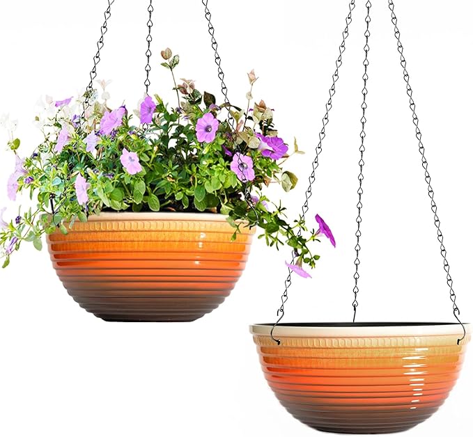 2 Pack Hanging Planters for Indoor Outdoor Plants, 10 Inch Hanging Planter with Drainage Hole & Plug Glazed Hanging Baskets Flower Pots for Garden Home, Orange Vanslogreen