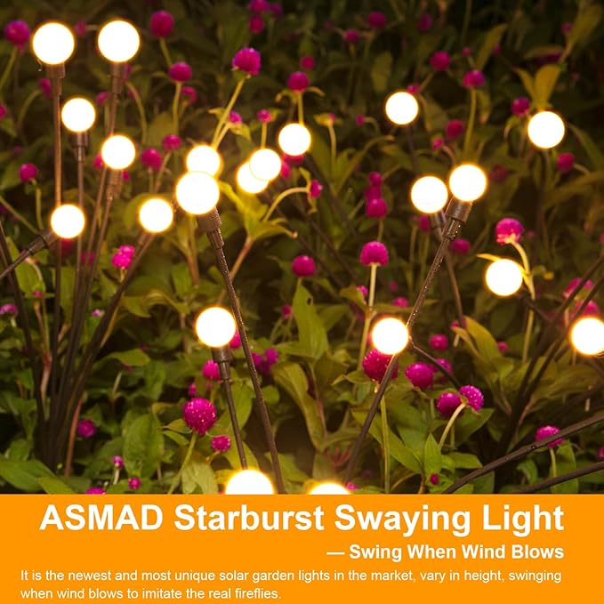 ASMAD Solar Lights Outdoor(6-Pack, 48 LEDs), Solar Garden Lights, Outdoor Decorations, Firefly Light for Patio Decor, Big Bulb, Unique Gifts for Women, Gifts for Grandma ASMAD