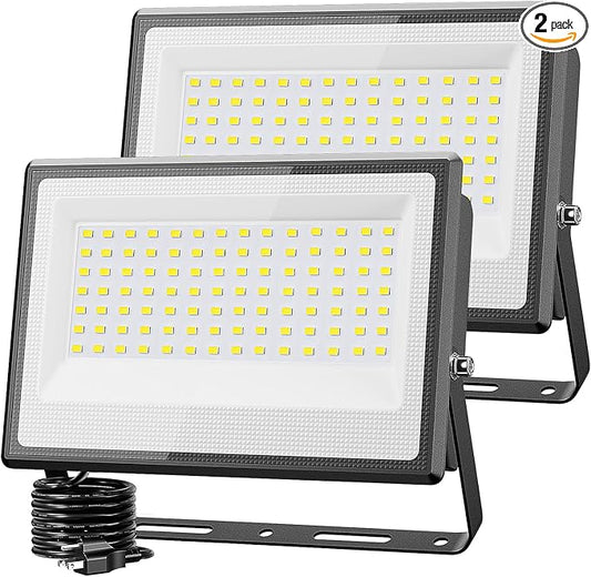 Olafus 2 Pack 150W LED Flood Light Outdoor, 15000LM Super Bright Work Lights Plug in, 6500K, IP66 Waterproof Exterior Floodlight for Stadium Yard Barn Olafus