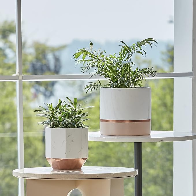 LA JOLIE MUSE White Ceramic Flower Pots - 6.7 + 5.4 Inch Indoor Planters, Plant Containers in a Marble Ink Pattern with Rose Gold and Pink Detailing LaJol%C3%ADeMuse