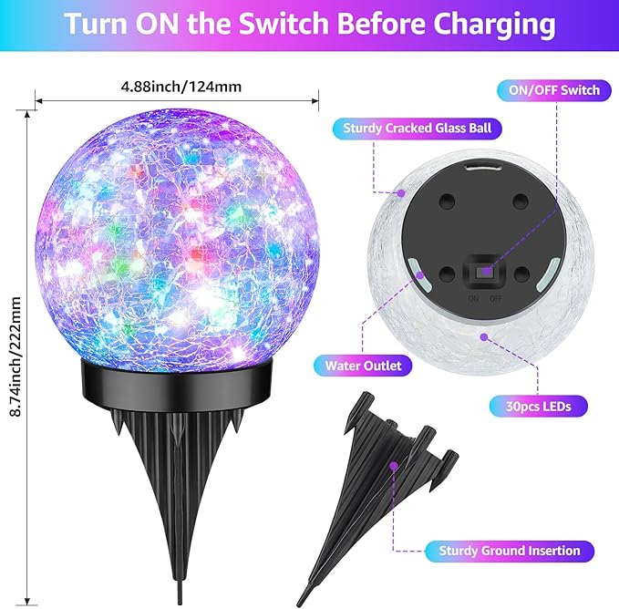2-Pack Garden Solar Lights Outdoor, Colored Cracked Glass Ball Light Waterproof, Decorative Solar Powered Globe Lighting Multicolor for Yard ASOMST