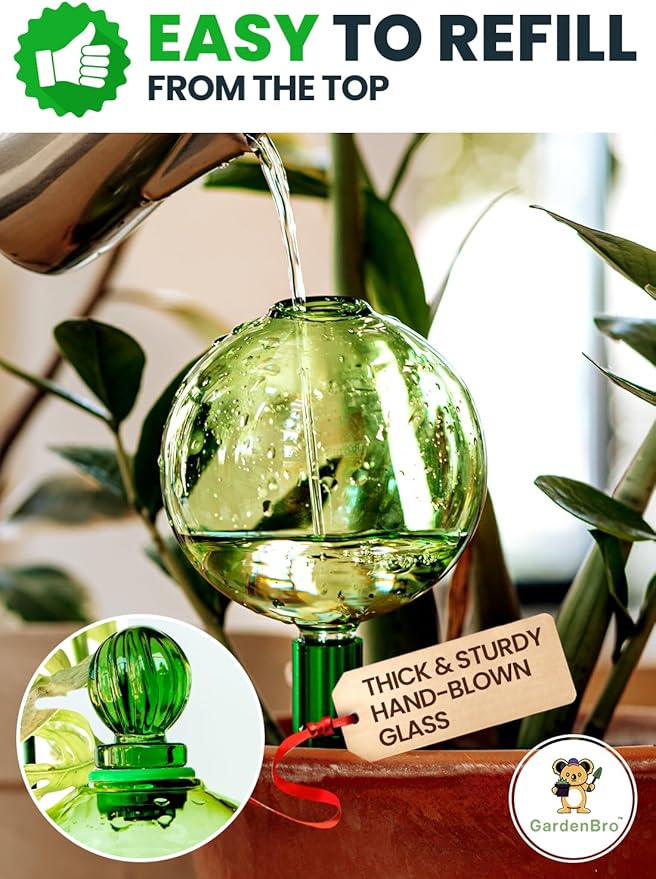 16 Oz Plant Watering Globes for Indoor Plants with Metal Self Watering Planter Insert - Premium XL Glass Hand-Blown Globe - Automatic Plant Waterer Indoor, Gift Idea for Gardeners [1 Globe, Green] GARDENBRO