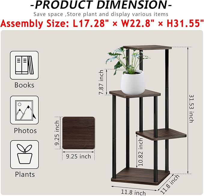 AZERPIAN Plant Stand 4 Tier Indoor Metal Flower Shelf for Multiple Plants Corner Tall Flower Holders for Patio Garden Living Room Balcony Bedroom, Black oak AZERPIAN