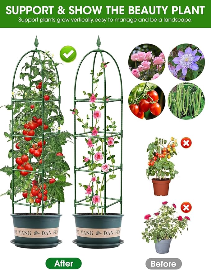 Garden Obelisk Trellis for Climbing Plants, 6FT Garden Obelisk Rustproof PE Coated Metal Potted Plant Climbing Support, Thickened Tube Plant Tower Trellis for Clematis Vine Support Indoor (2 Pack) GrowYourGreenParadise