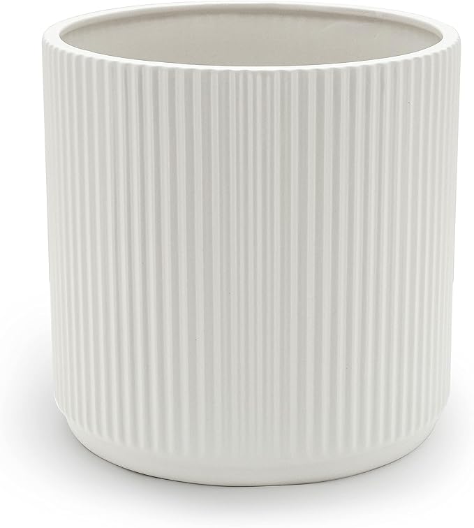 Amazon Basics Fluted Ceramic Round Planter with Drainage Hole, Indoor Outdoor Flower Pot, 10-inch, White AmazonBasics