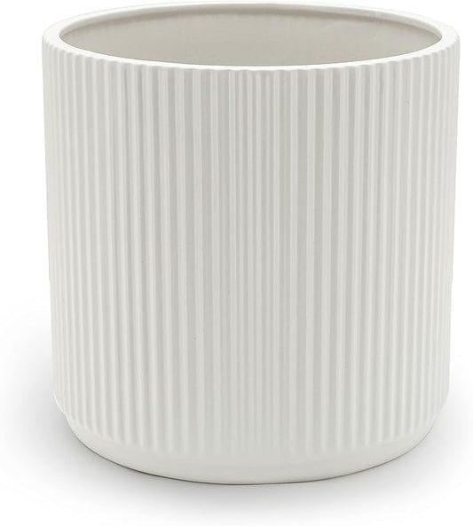 Amazon Basics Fluted Ceramic Round Planter with Drainage Hole, Indoor Outdoor Flower Pot, 10-inch, White AmazonBasics