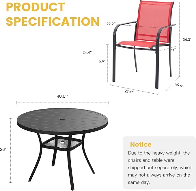 VICLLAX 5 Pieces Patio Dining Set for 4, Outdoor Furniture Set Includes 40.7" Round Patio Table and 4 Patio Stackable Chairs, Black Tabletop and Red Fabric HOME