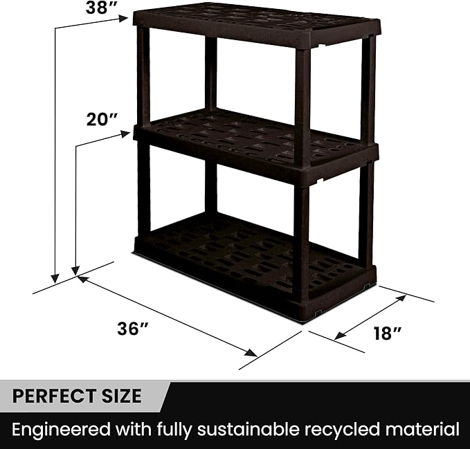 Oskar Heavy Duty Plastic Storage Shelves- for Garage, Kitchen, Bathroom Basement Kids Room, Stackable 3-Tier Black Organizer Rack for Books Shoes, Toys, Pantry, Cleaning and Closet Organization Koolatron