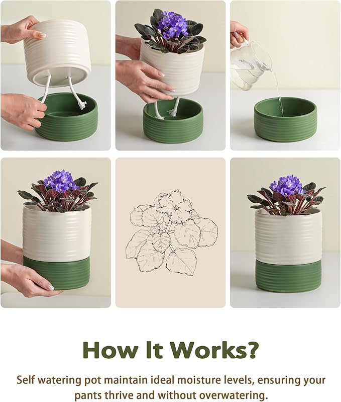 Self Watering Pots for Indoor Plants, 6 Inch Ceramic Self Watering Plant Pot, Planter Pot with Wick Rope and Drainage Hole for African Violet Succulent Herbs (White Matte) FayoulasGarden