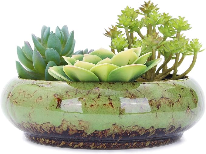 VanEnjoy 7.3 inch Round Large Shallow Succulent Ceramic Glazed Planter Pots with Drainage Hole, Bonsai Pots Garden Decorative Cactus Stand Flower Container (Green) VanEnjoy