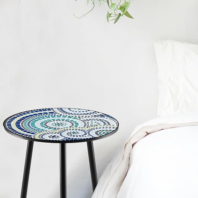 1 Pack Metal Outdoor Side Table Small Outside Round End Table for Patio Modern Accent Garden Corner Table for Small Spaces, Balcony, Porch, Weather-Resistant, Plant Stand Indoor, Round Mosaic PartyZealot