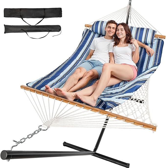 2 Person Outdoor Hammock with Stand, Cotton Rope Hammock with Polyester Pad, Adjustable Steel Frame, Portable with Carrying Bag – for Patio, Backyard, Garden, Beach, Blue Rootora