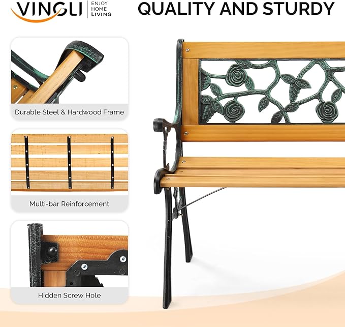 VINGLI Outdoor Bench Metal Garden Bench, Wood Patio Benches w/PVC Backrest Cast Iron Love Seat Park Benches for Porch Yard (Rose) VINGLI