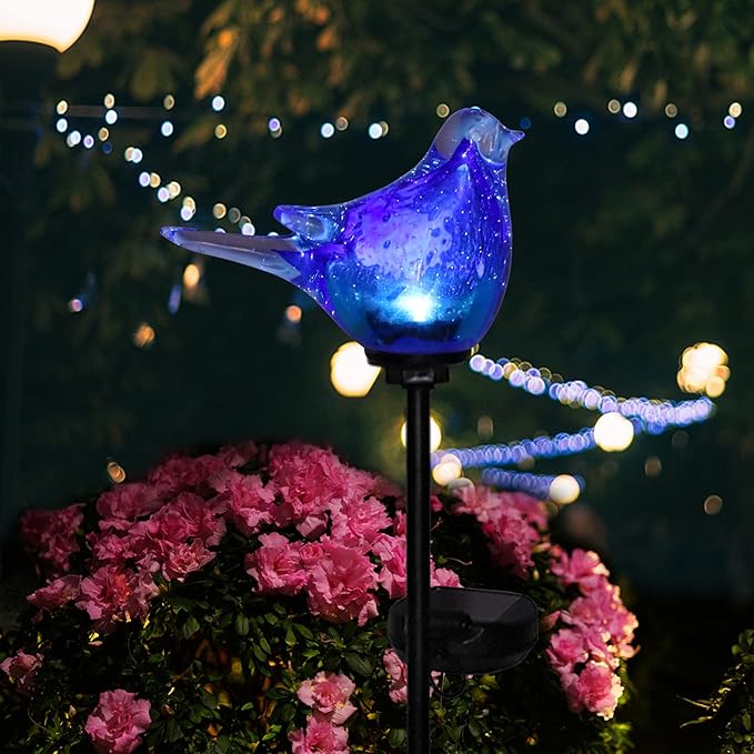 Afirst Solar Bluebird Garden Stake Lights - Hand Blown Glass Decorative Garden Pathway Lights Outdoor Waterproof Bird Glass Stakes Afirst