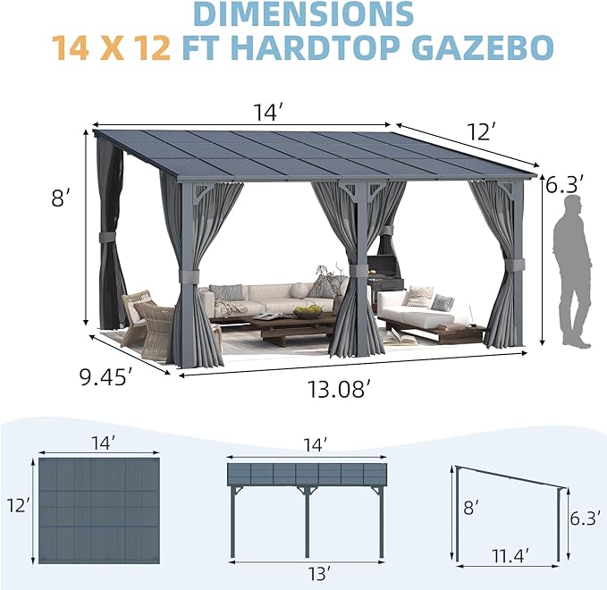 AECOJOY 14' x 12' Gazebo Outdoor Pergola with Curtains and Netting for Patio, Large Wall-Mounted Hardtop 12x14 Lean to Metal Heavy Duty Gazebo, Pergolas and Gazebos Clearance with Patio Roof Awnings AECOJOY
