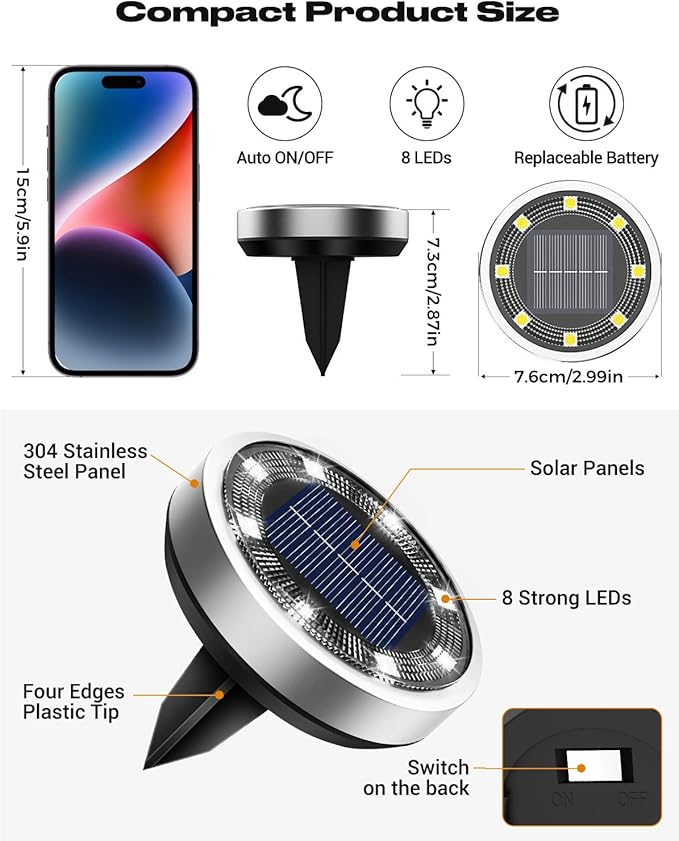 btfarm 6 Pack Solar Lights Outdoor, 8 LED Solar Ground Lights IP65 Waterproof Flat Solar Disc Light, Pathway Lights for Garden Lawn Patio Yard Path Landscape, Cool White btfarmdecorativelighting