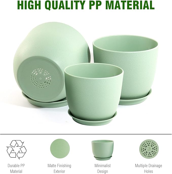 Large Plant Pots 12/10/9 inch, Set of 3 Modern Decorative Plastic Planters with Drainage Holes and Saucers, Flower Pots for Indoor Outdoor Plants, Green WSMKSZ