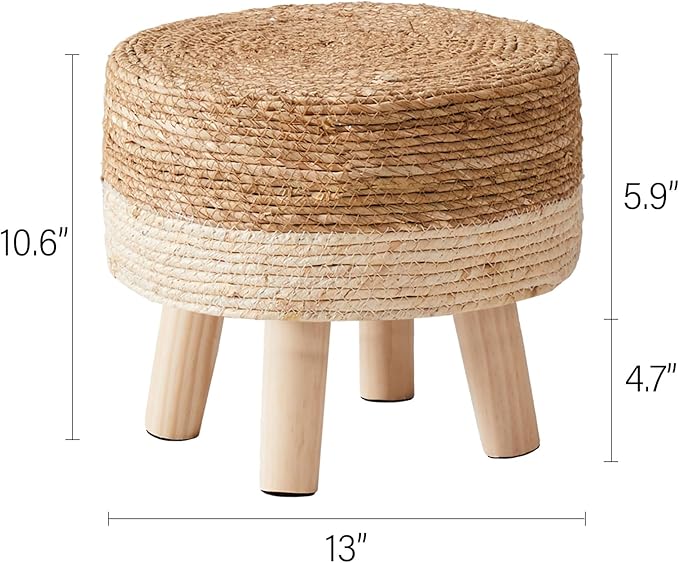 Cpintltr Foot Stool Natural Seagrass Hand Weave Poufs Round Ottoman for Couch Desk Soft Step Stool Padded Foot Rest with Non-Skid Pine Legs for Hallway Office Lounge Natural/White CpintltrFruniture