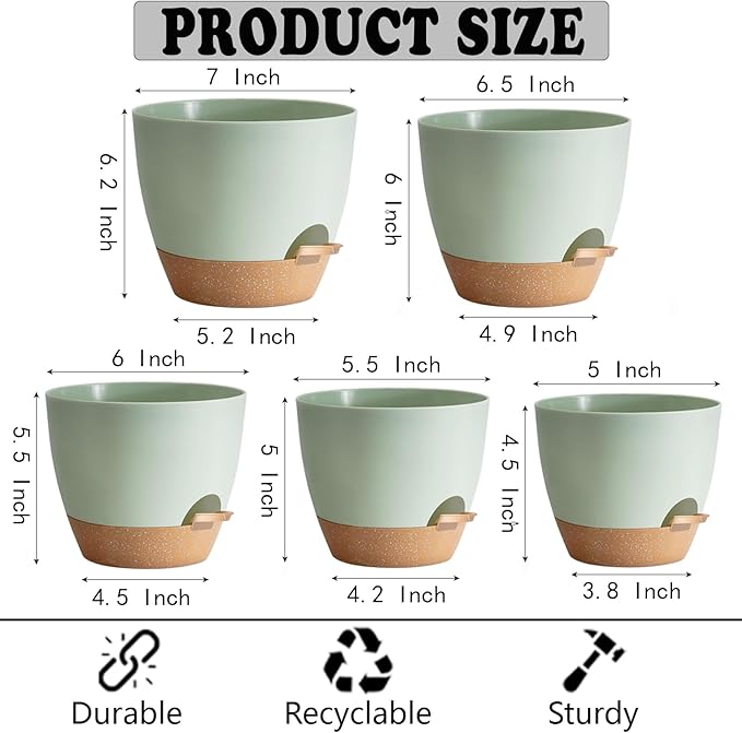 Self Watering Planter Pots Set of 5 - Green Plastic Indoor Pots with Drainage Holes, Saucers and Reservoir for Home Decor, Office Desk, Windowsill, Shelf (Gift Idea) SESUN-E