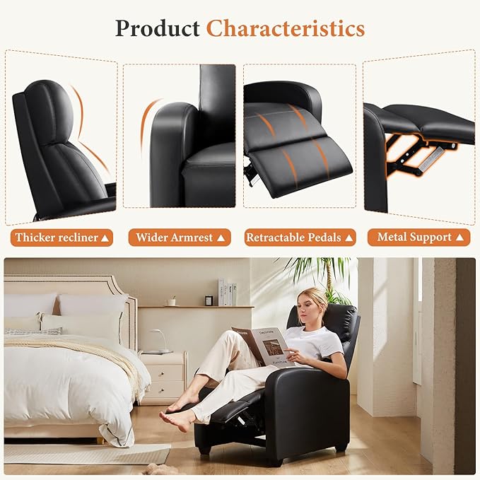 Sweetcrispy Recliner Chair PU Leather Recliner Sofa No Massage, Home Theater Seating with Lumbar Support, Adjustable Push Back Overstuffed High-Density Sponge Reclining for Living Room, Black Sweetcrispy