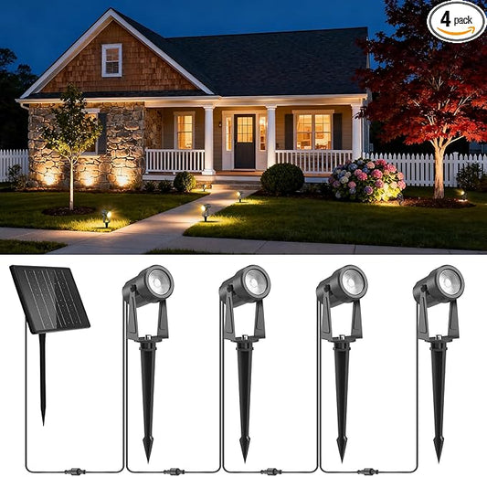ZYAN Solar Landscape Spotlights, Separate Monocrystalline Panels & USB-C Powered 5400mAh Auto On Off Dusk to Dawn, Outdoor IP65 Waterproof, Warm White for Yard Path Patio (100 Lumens × 4 Pack) ZYAN