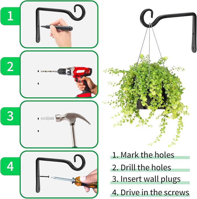Plant Hangers Outdoor, 2 Pack 6 Inch Hanging Plant Bracket, Metal Hanging Plant Hooks, Wall Hooks for Hanging Plants, Bird Feeder, Flower Basket, Wind Chimes, Indoor Outdoor (Black) MOWPOG