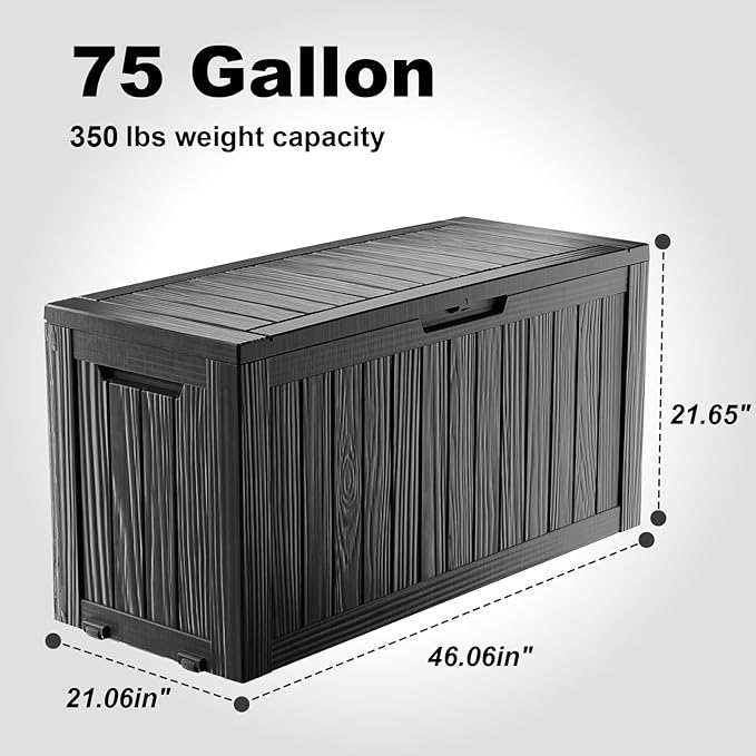 ROJIK Outdoor Storage Box with Wheels,75 Gallon Waterproof Resin Deck Box, Lockable Storage for Patio Cushions,Garden Tools,Pool Accessories,UV-Resistant Storage Bench for Backyard & Deck（Black） ROJIK