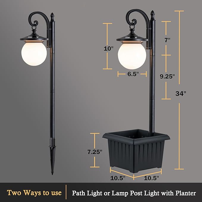 Outdoor Post Light with Planter, Matte Black Solar Lamp Post Light with Globe Shade, 2 in 1 Waterproof Solar Post Lights Outdoor Planter for Outside Gardan Pathway YonaveilLighting