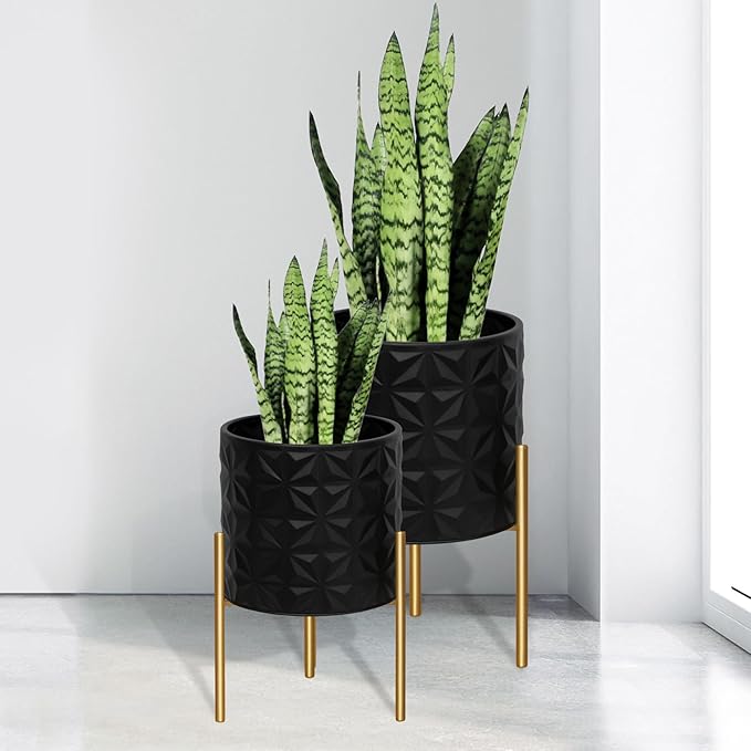 ARNIS Modern Planter Pots, Set of 2 Large Planters with Stand, Decorative Planters, Metal Pots with Drainage Holes for Living Room, Office, Garden or Balcony, 8.25 &10.5 Inch, Matte Black ARNIS