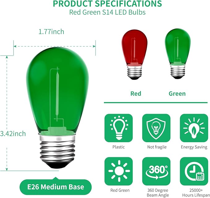 S14 Colored LED String Light Bulbs, 24-Pack 1W Plastic Shatterproof Waterproof Outdoor Indoor Replacement Bulbs for Home Decor, E26 Medium Screw Base, Red and Green Christmas Bulbs Meconard