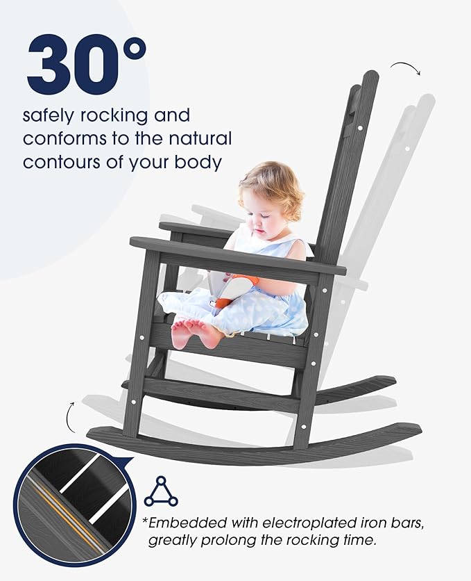 KINGYES Oversized Outdoor Rocking Chair Set of 2, All-Weather Patio Rocking Chairs for Porch, HDPE Outdoor Patio Rockers with High Back & Wide Seat for Garden, Lawn, Gray KINGYES