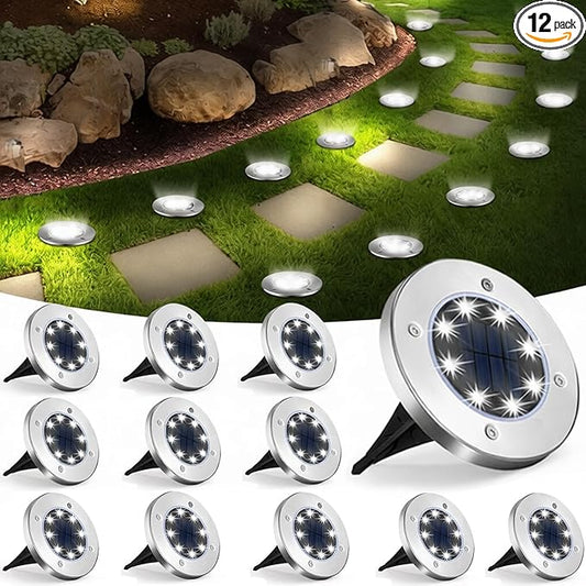 UFOND 12 Pack Solar Ground Lights，Outdoor Waterproof LED Gardenlight, Disklights for Lawn Pathway Yard Walkway Driveway Patio Deck, Solar Lights (Cold White) UFOND