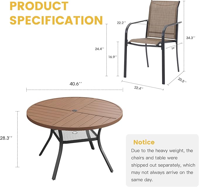 VICLLAX Patio Table and Chair Set of 4, All Weather Metal Round Outdoor Dining Furniture Set-40.6" Round Outdoor Table and Chairs, Walnut Wood Grain Tabletop HOME