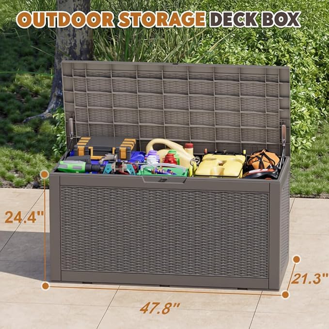 Outdoor Storage Box, Resin Deck Boxes Indoor and outdoor, Waterproof Storage Box Lockable Lid (Grey, 110 Gallon) NBYSGO