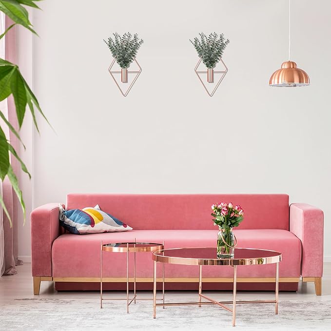 Jexine 8 Pcs Hanging Planters with Artificial Eucalyptus Metal Hanging Vase Indoor Plants Holder Modern Geometric Boho Bathroom Wall Decor for Living Room Home Office (Eucalyptus,Rose Gold) Jexine