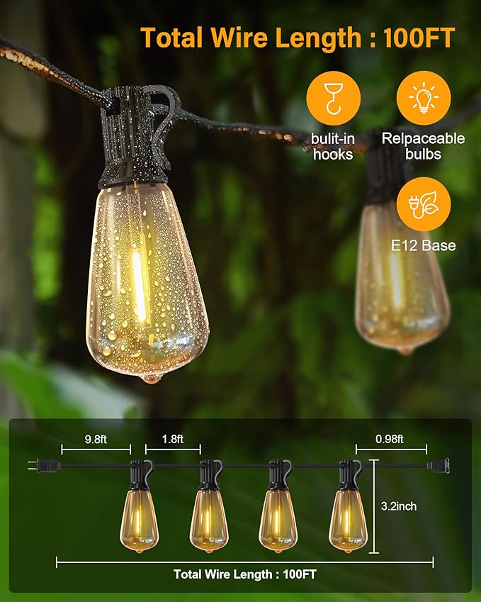Doukegde 100FT LED Outdoor String Lights, 2700K LED Patio Lights Outdoor Waterproof with 50+2 Shatterproof Vintage Bulbs, Plug in Hanging Light for Porch, Backyard, Garden, Gazebo [Non-Solar] Doukedge