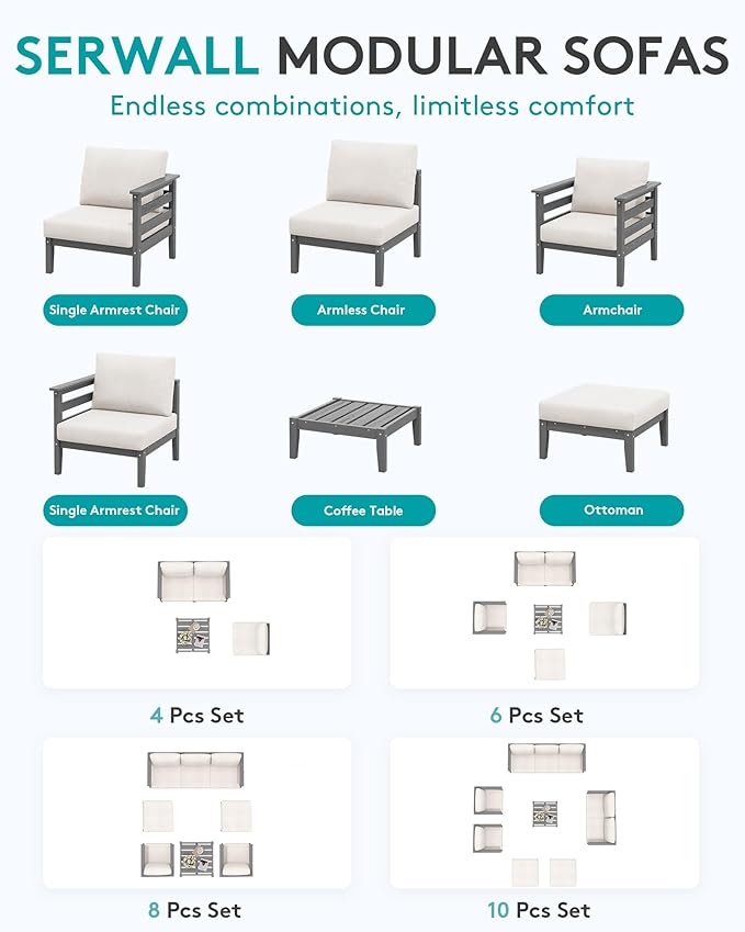 SERWALL HDPE Patio Furniture Set, 2 Pieces Outdoor Sectional Sofa Set, All-Weather Wood-Like Outdoor Sofa Couch with Coffee Table for Deck, Lawn, Grey Frame with Khaki Cushion SERWALL