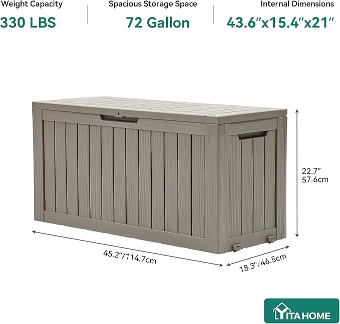 YITAHOME 72 Gallon Outdoor Resin Deck Box with Wheels, Pool Storage Box for Outdoor Cushions, Sports Equipment, Garden Tools, Light Brown YITAHOME